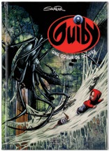 Illustration de la couverture du livre Guilby 1 – Une odeur de soufre. Un monstre noir, semblable à une araignée, semble poursuivre un jeune enfant vêtu d’un chandail à capuchon rouge.