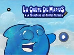 Illustration de la couverture du jeu de plateforme La quête de Marius. Sur un fond bleu, un personnage comique bleu foncé sourit et pointe vers la flèche pour lancer le jeu.