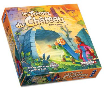 Illustration du jeu de société Les trésors du château. Un prince et une princesse sont à la porte d’un château d’où proviennent des rayons de lumière.