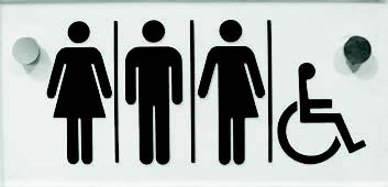 Illustration d’un écriteau neutre pour les toilettes publiques de l’Ordre. Les symboles précisent que les femmes, les hommes, les personnes d’un sexe non précisé et les personnes en fauteuil roulant y ont accès.
