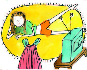 Illustration pour la vidéo d’animation Imparfaite. Une jeune fille étendue sur un tapis jaune exerce ses jambes à côté du téléviseur. En face d’elle, une personne se tient debout; on en voit que les deux pieds et le pantalon.