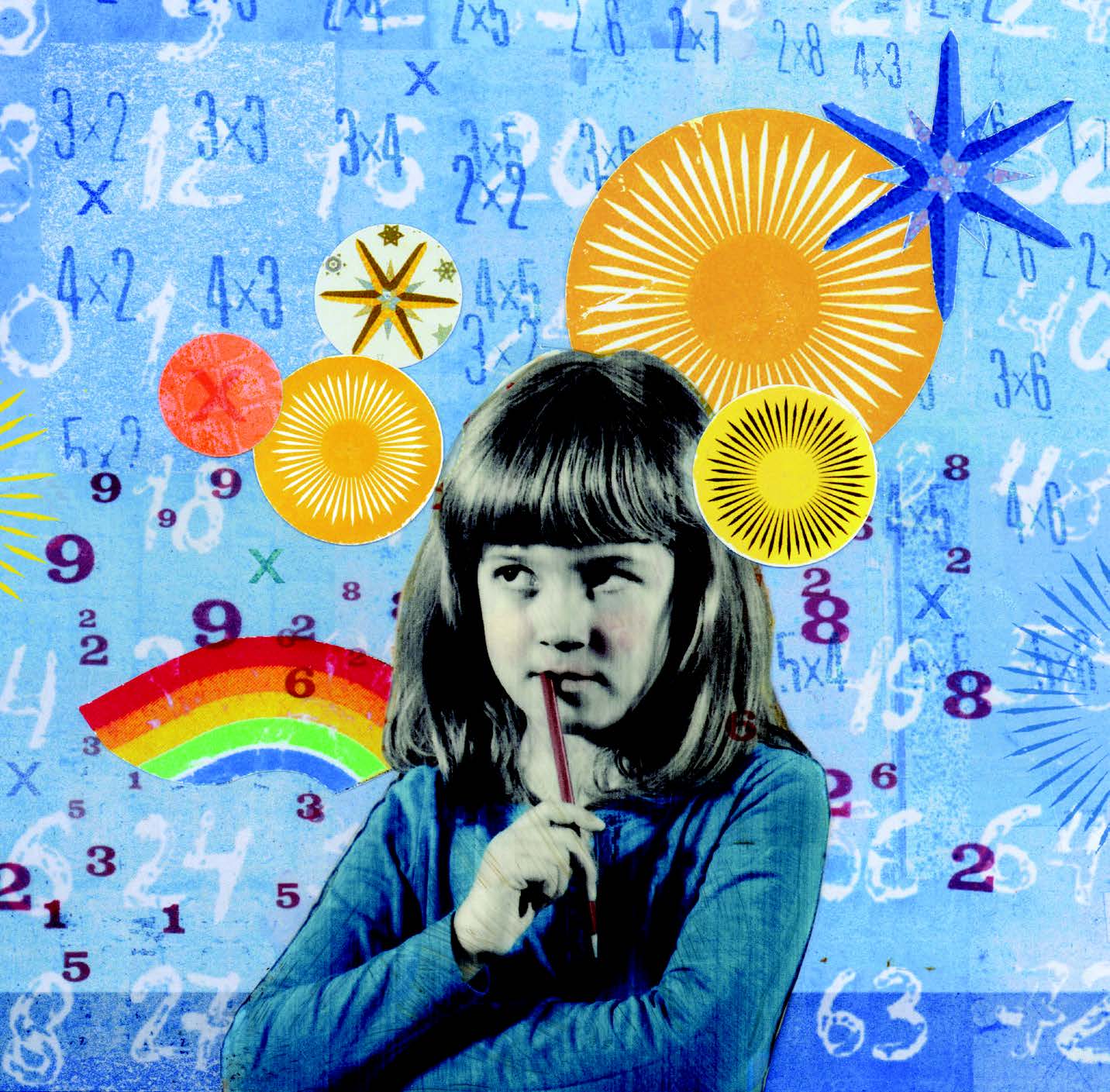 Photo illustrée d’une enfant, au regard pensif, appuyant un crayon contre ses lèvres. Elle est entourée d’équations mathématiques ainsi que de cercles, d’étoiles et d’arc-en-ciel.
