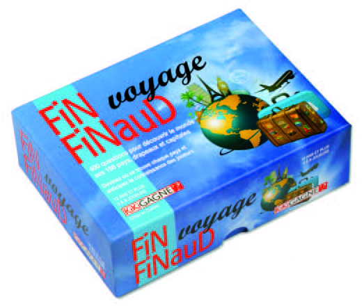Illustration de la boîte du jeu-questionnaire Fin finaud voyage montre la Terre, une valise, un avion, la tour Eiffel.