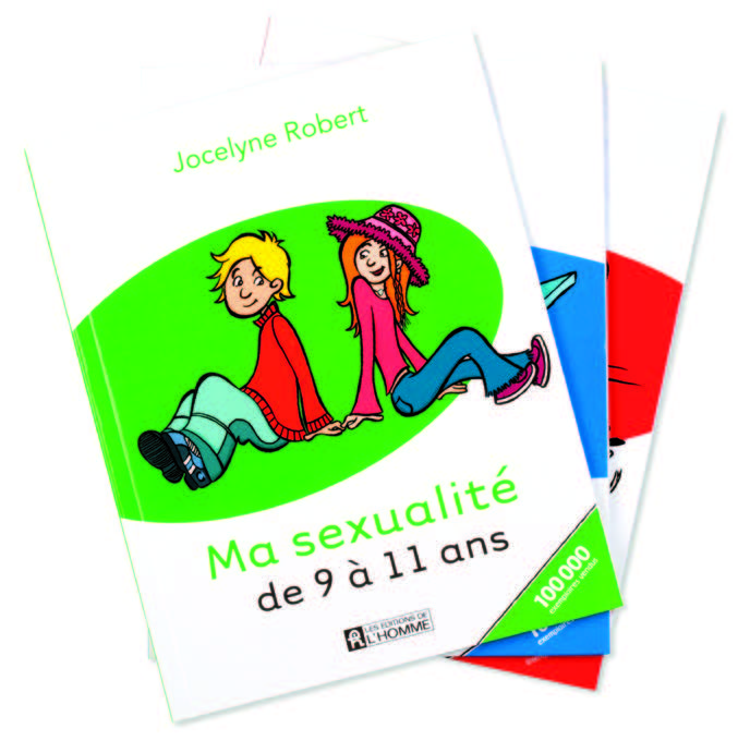 Illustration de la couverture de l’ouvrage Ma sexualité de 9 à 11 ans qui représente sur fond vert un garçon et une fille assis, dos à dos, se souriant. Deux autres exemplaires placés en arrière de celui-ci paraissent à peine.