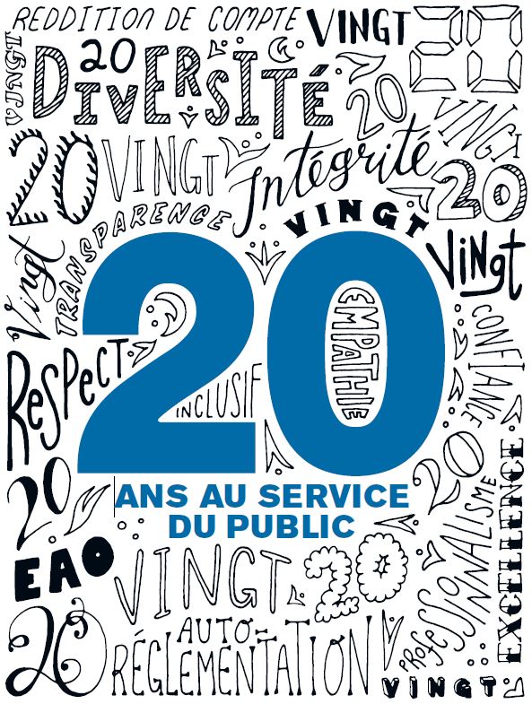 Stylized text that says, “20 years of protecting the public interest.” Surrounding this text are a collection of words, the words are: transparency, respect, self-regulation, professionalism, inclusivity, integrity.
