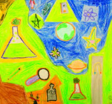Dessin coloré d'objets divers représentant les sciences, dont la planète Terre, un atome, des étoiles, la planète Saturne, une loupe, des fioles Erlenmeyer, un flacon et une balance. 