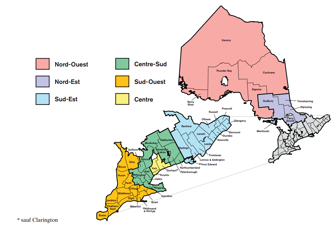 Illustration montrant les circonscriptions électorales de l'Ordre des enseignantes et des enseignants de l'Ontario. La province de l'Ontario est divisée en six zones : nord-ouest, nord-est, sud-est, centre-sud, sud-ouest et centre.

Les circonscriptions électorales se composent comme suit :

Le nord-ouest comprend Kenora, Rainy River, Thunder Bay, Cochrane et Algoma.

Le nord-est comprend Sudbury, Timiskaming, Nipissing, Parry Sound et Manitoulin.

Le sud-est comprend Glengarry, Prescott, Stormont, Dundas, Grenville, Leeds, Lanark, Ottawa, Russell, Renfrew, Hastings, Frontenac, Lennox-Addington et Prince Edward.

Le centre-sud comprend Haliburton, Muskoka, Kawartha Lakes, Peterborough, Northumberland, Simcoe, Peel, Dufferin, Wellington, Waterloo, Niagara, Halton et Hamilton.

Le sud-ouest comprend Grey, Bruce, Huron, Perth, Oxford, Brant, Haldimand-Norfolk, Elgin, Middlesex, Lambton, Chatham-Kent et Essex.

Le centre comprend York, Toronto et Durham.