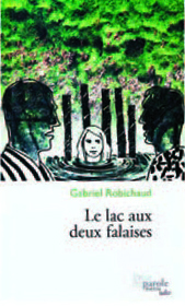 Image de la couverture du livre «Le lac aux deux falaises». L'image est une illustration d'une femme qui se tient à flot dans un lac. À sa gauche et à sa droite se trouvent deux silhouettes noires.