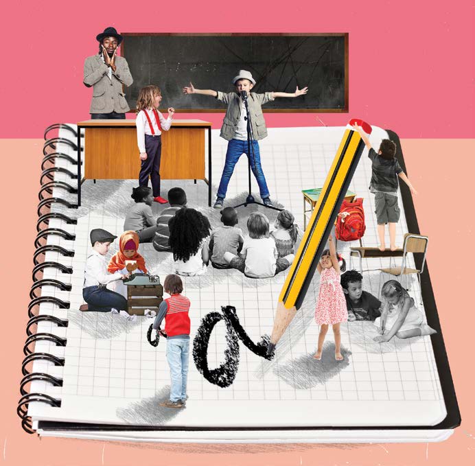 Illustration d'une enseignante et d'un groupe d'élèves assis à une table en train de travailler.