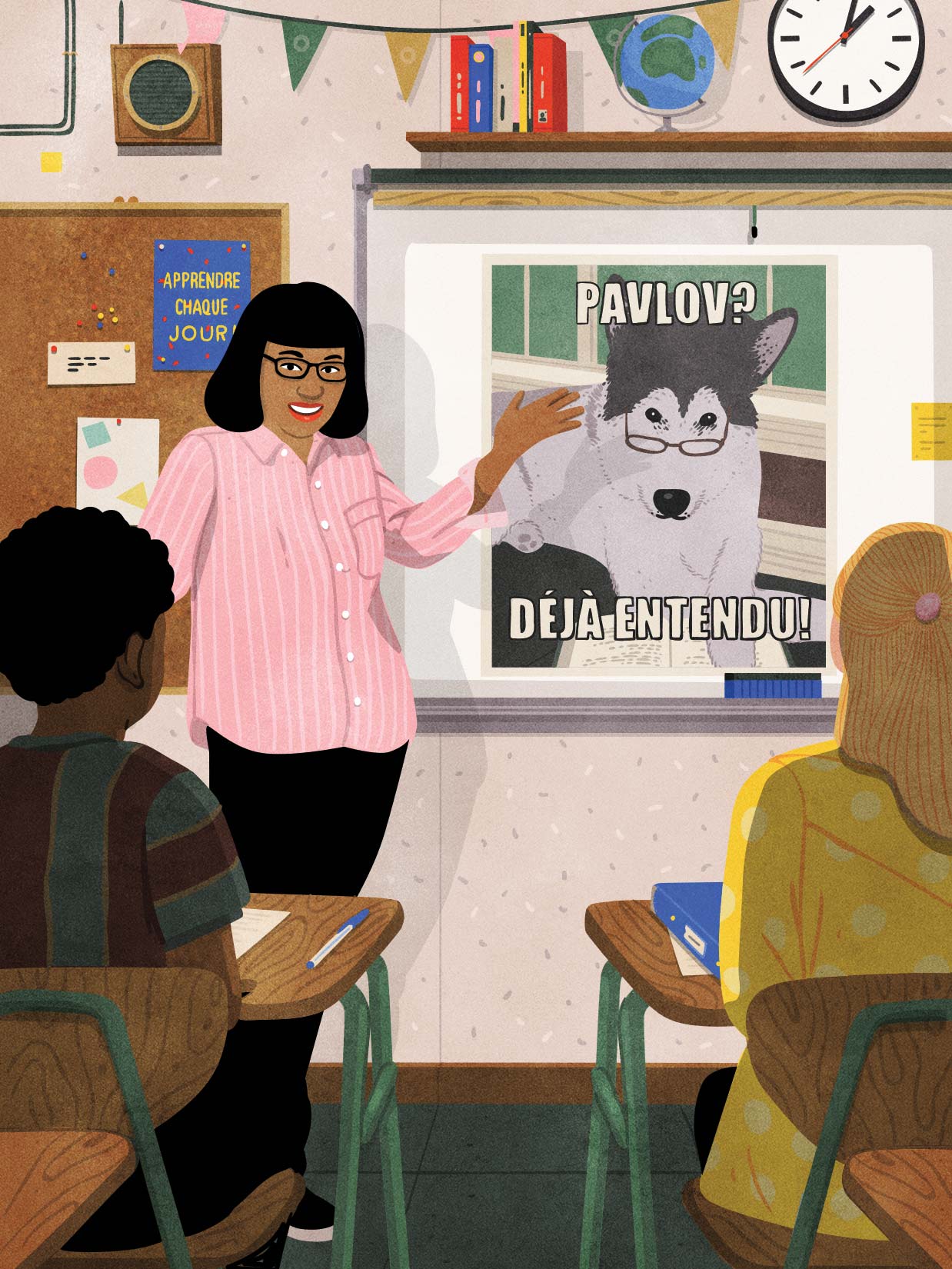 Illustration d'une classe d'élèves écoutant la présentation d'une enseignante tenant dans sa main un objet revêtant une signification particulière pour une communauté autochtone.