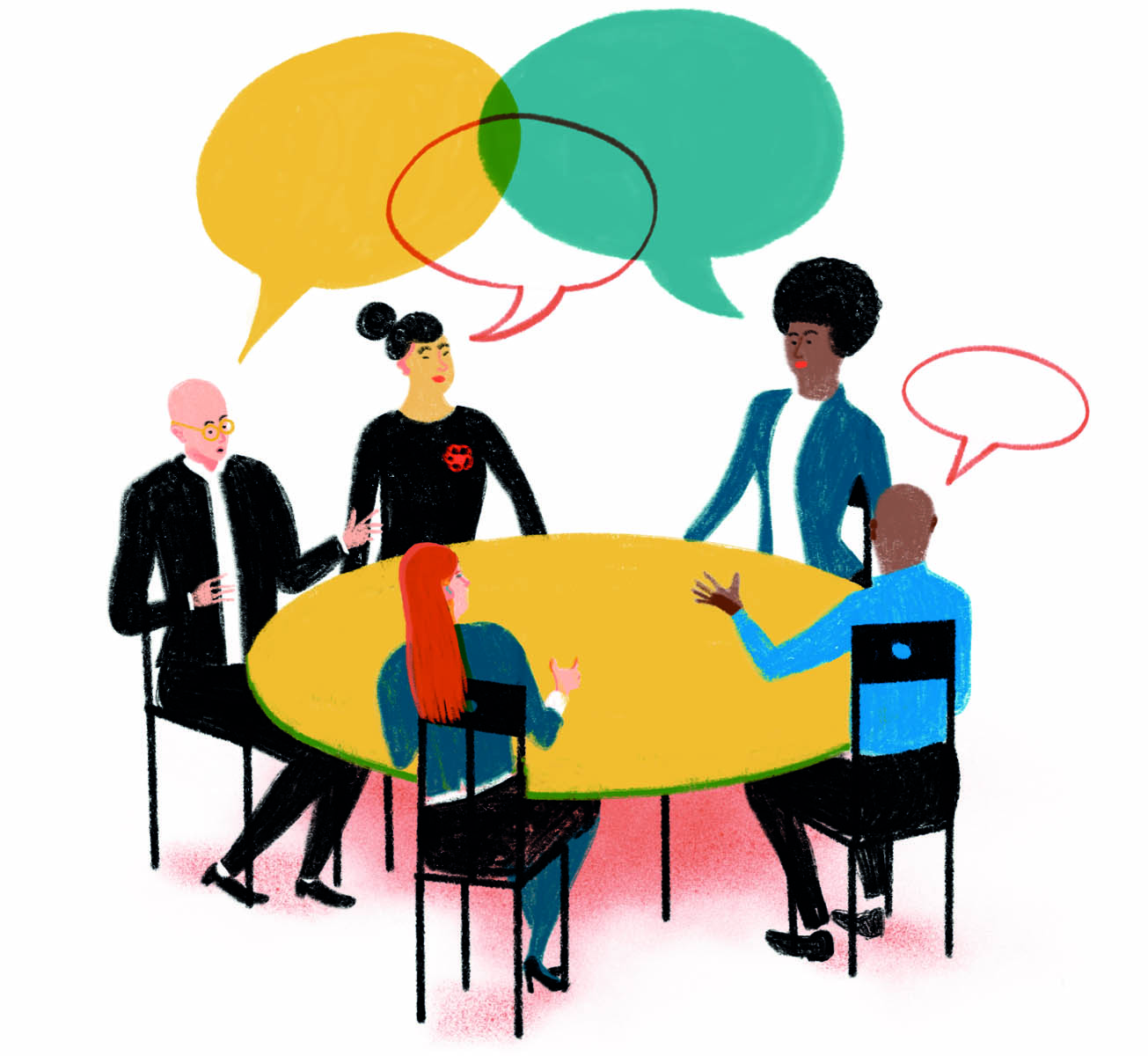 Illustration de cinq personnes assises autour d'une table ronde en train de discuter.
