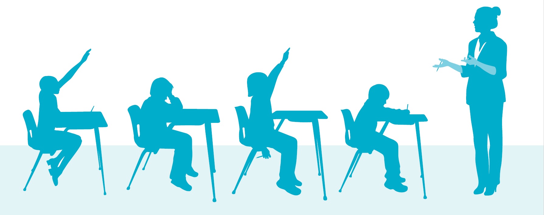 Illustration d’une enseignante debout devant quatre élèves, chacun assis à son propre pupitre. Deux élèves lèvent la main pour répondre à une question.