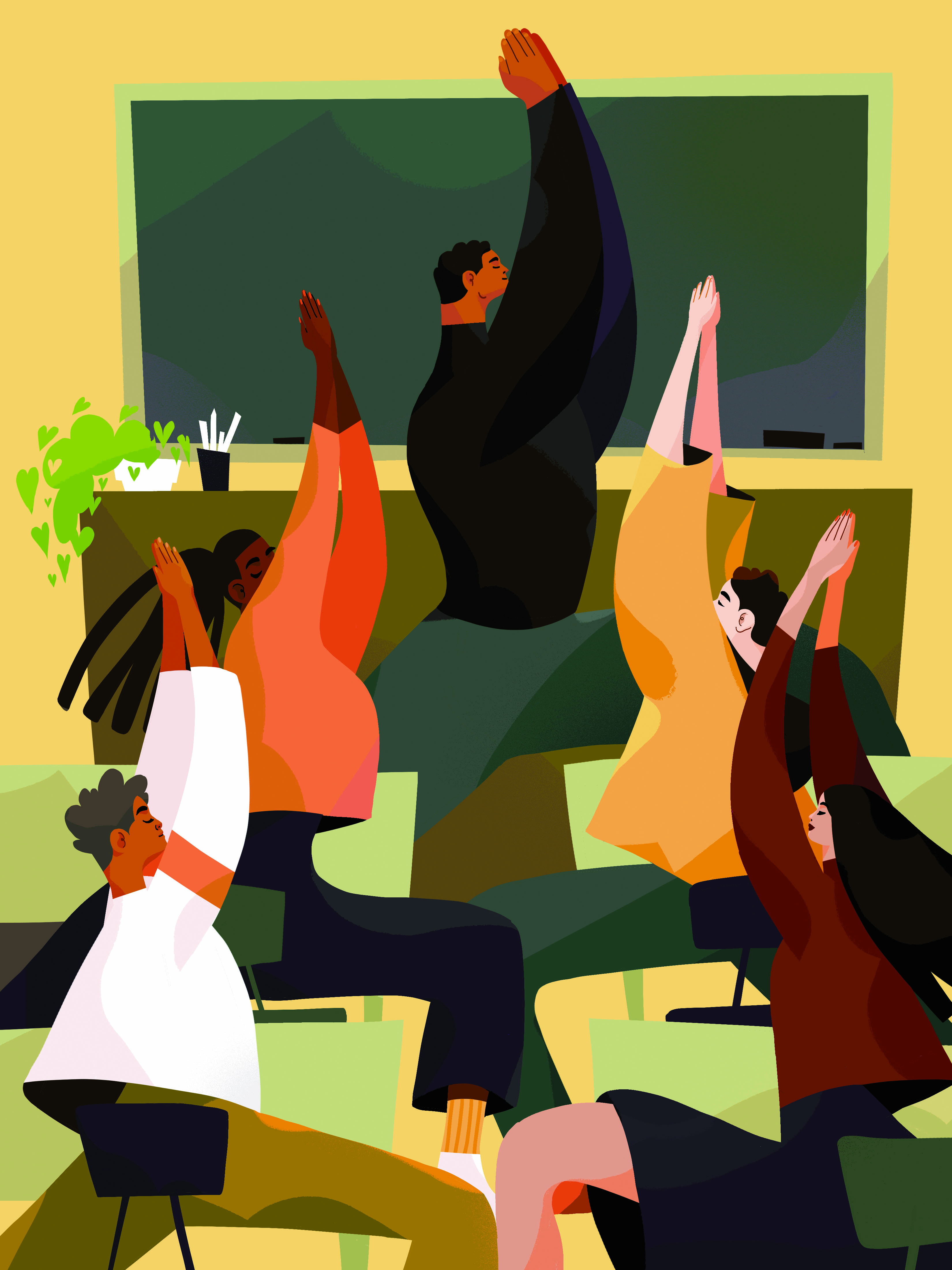 Illustration d'un enseignant devant la classe qui a les bras levés et de ses élèves qui le suivent dans son mouvement.
