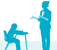 Illustration d’une enseignante debout devant quatre élèves, chacun assis à son propre pupitre. Deux élèves lèvent la main pour répondre à une question.