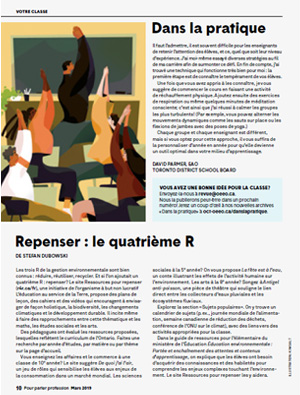 Vignette montrant deux articles du numéro de mars 2019 de Pour parler profession, intitulées «Dans la pratique» et «Repenser : le quatrième R».