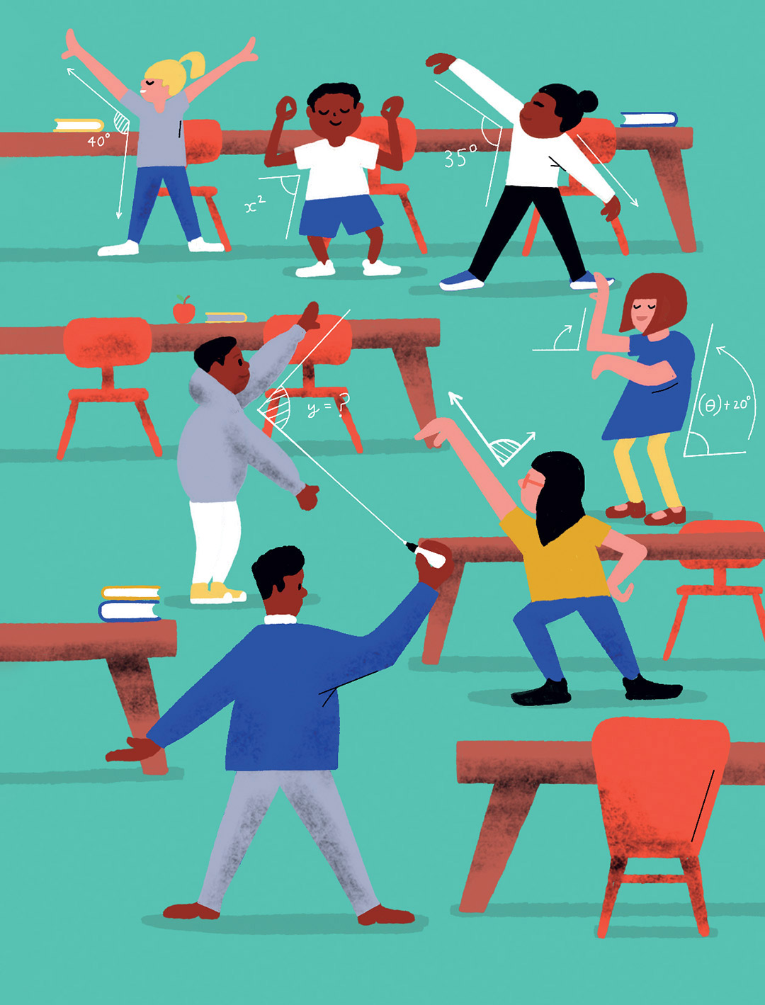 Illustration stylisée montrant des élèves dans une classe levant les bras à différentes hauteurs, et un enseignant dessinant dans les airs les angles formés par leurs gestes.