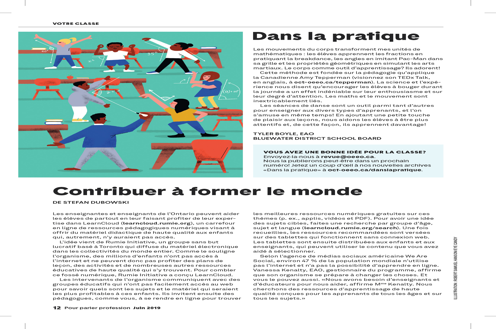 Photo d’un article publié dans le numéro de juin 2019 de Pour parler profession. L’article contient une illustration d’un enseignant et de plusieurs élèves bougeant les bras et les jambes.