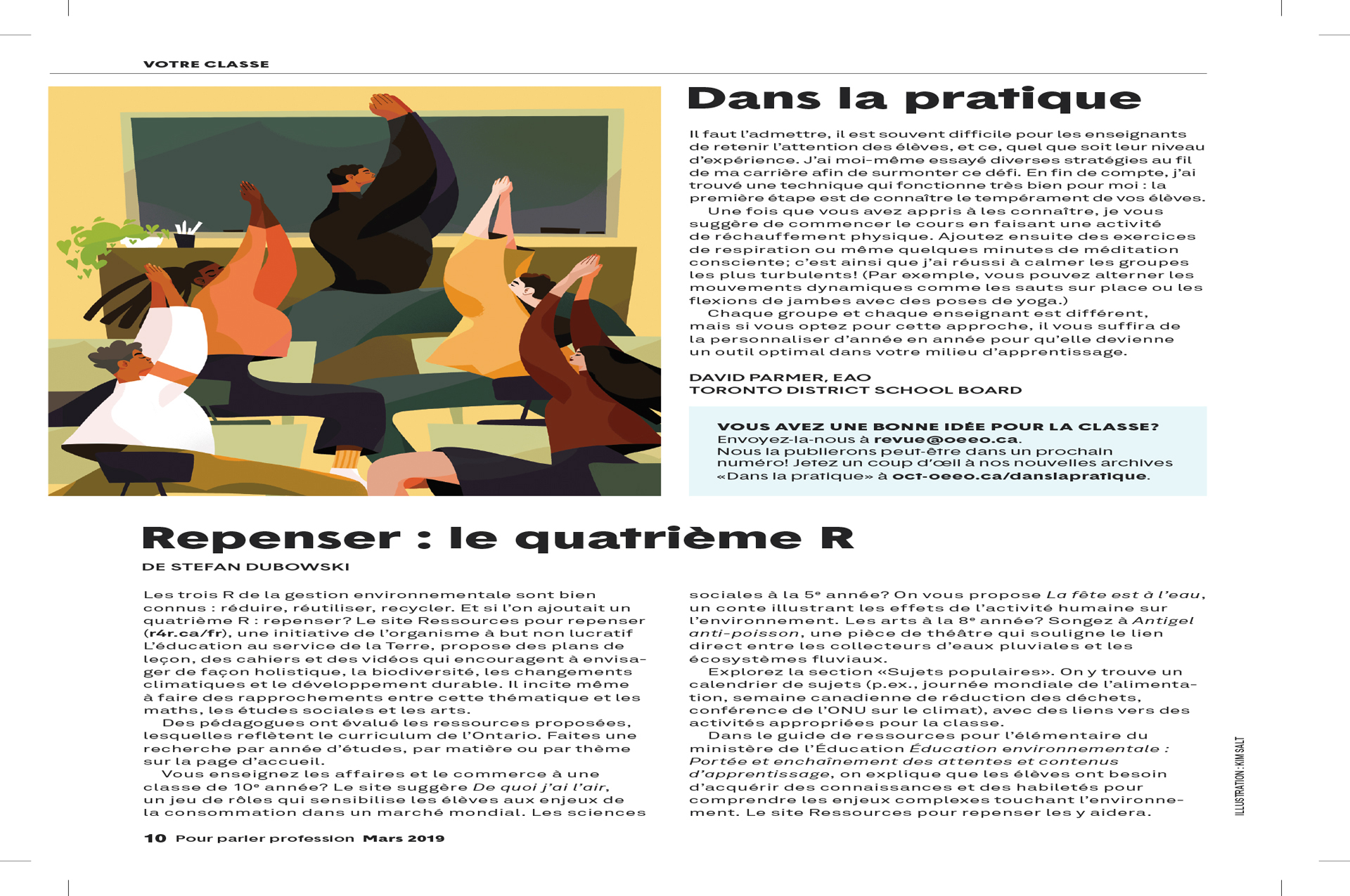 Photo d’un article publié dans le numéro de juin 2019 de Pour parler profession. L’article contient une illustration d’un enseignant dans une salle de classe, debout les bras levés. Les élèves ont également les bras levés.