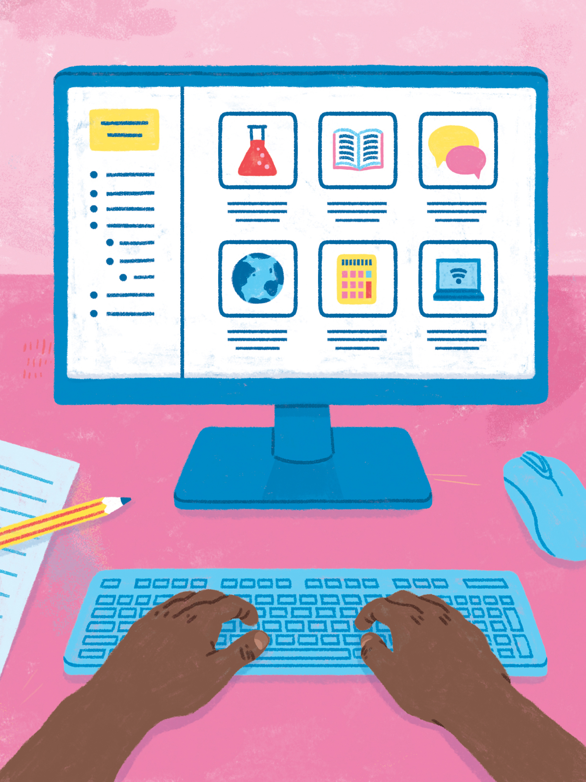 Illustration d'un clavier et d'un écran d'ordinateur. Deux mains sont posées sur le clavier.
