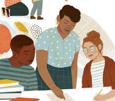 Illustration montrant trois élèves dans une salle de classe.