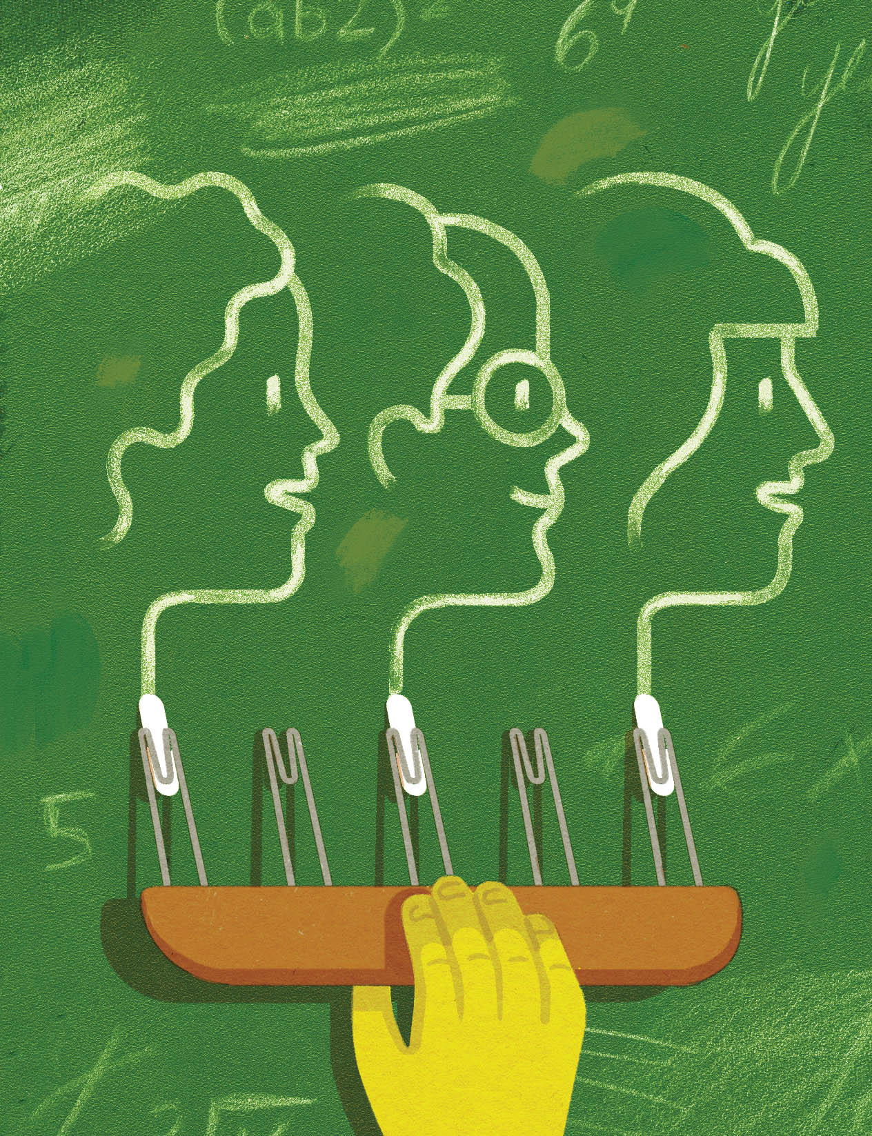 Illustration montrant un dessin à la craie de trois personnes de profil sur un tableau.