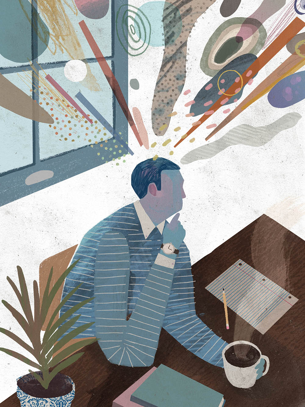 Illustration d’une personne assise à un bureau sur lequel repose une feuille, des livres, un crayon et une tasse de café. Des images abstraites sortent de sa tête.