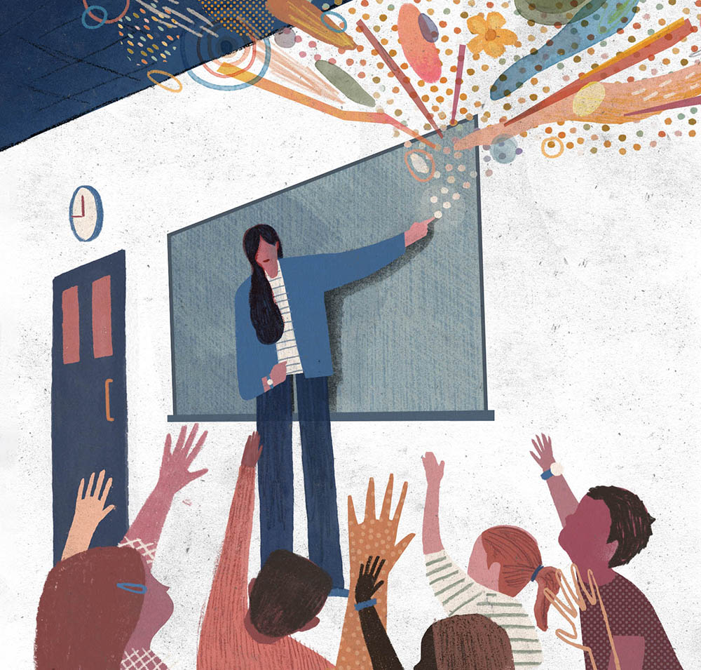 Illustration d’une enseignante devait un tableau, devant des élèves levant la main. Des images abstraites sortent du tableau.