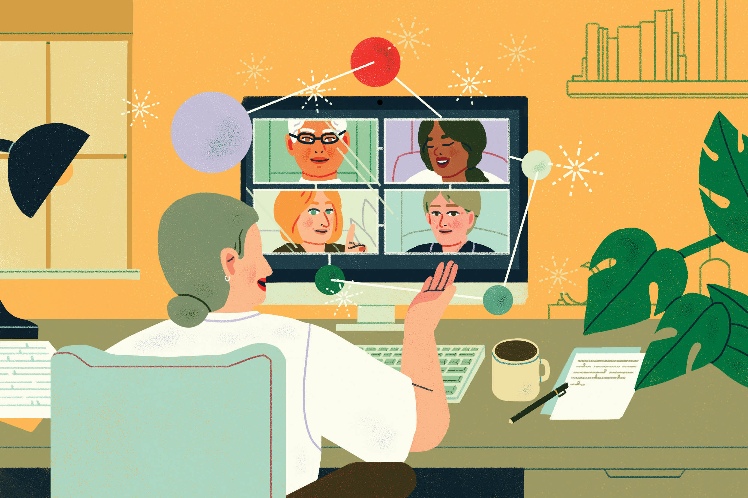 Illustration d’une enseignante agréée de l’Ontario en train de collaborer en ligne avec des collègues.