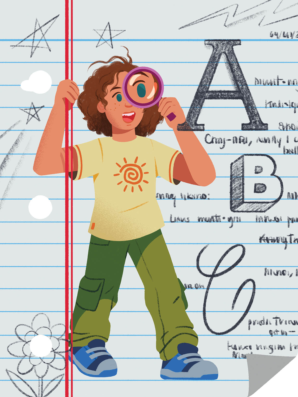 Illustration d’un élève regardant des lettres à travers une loupe.