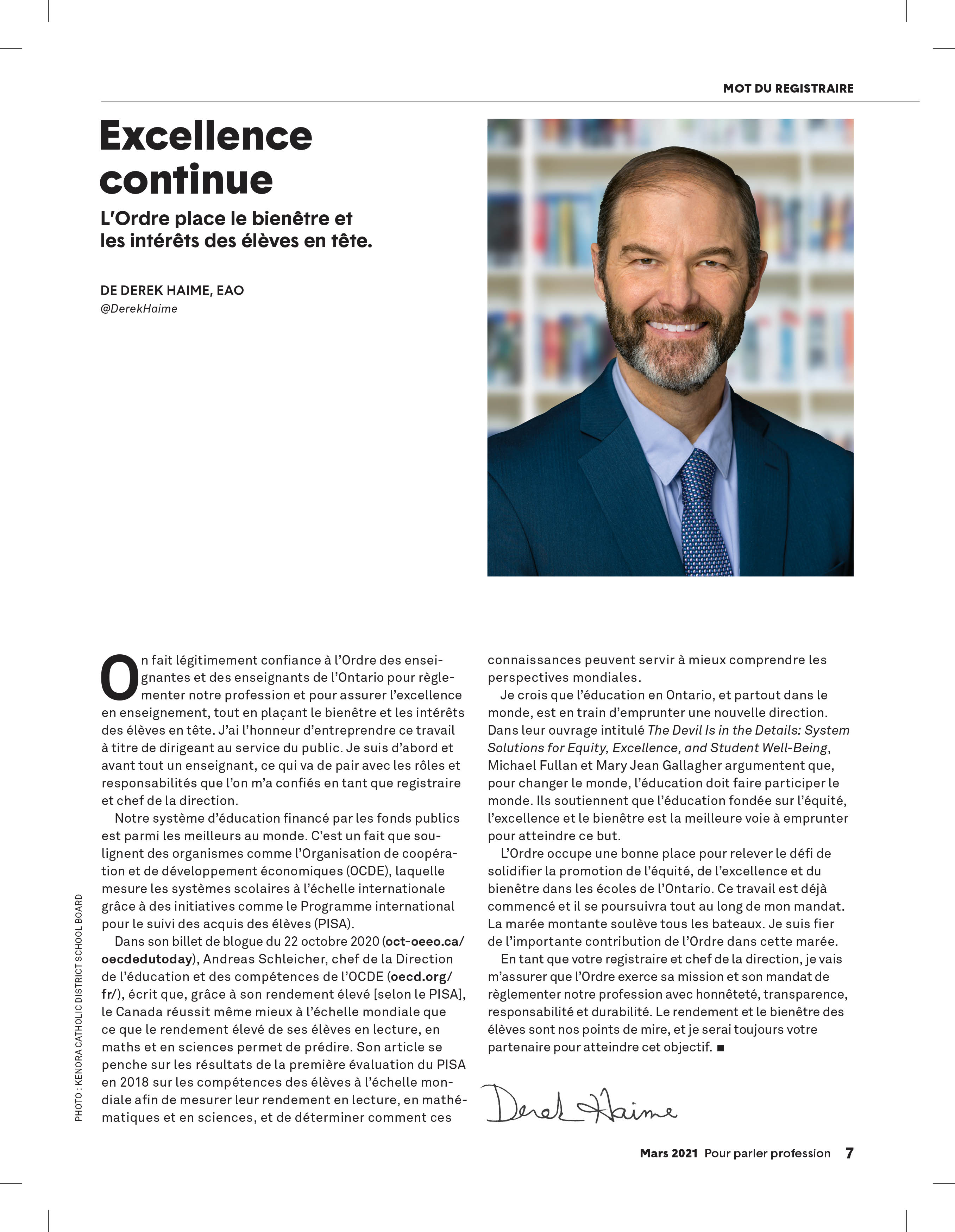Mot du registraire de décembre 2020 intitulé «Excellence continue», de Derek Haime, EAO.