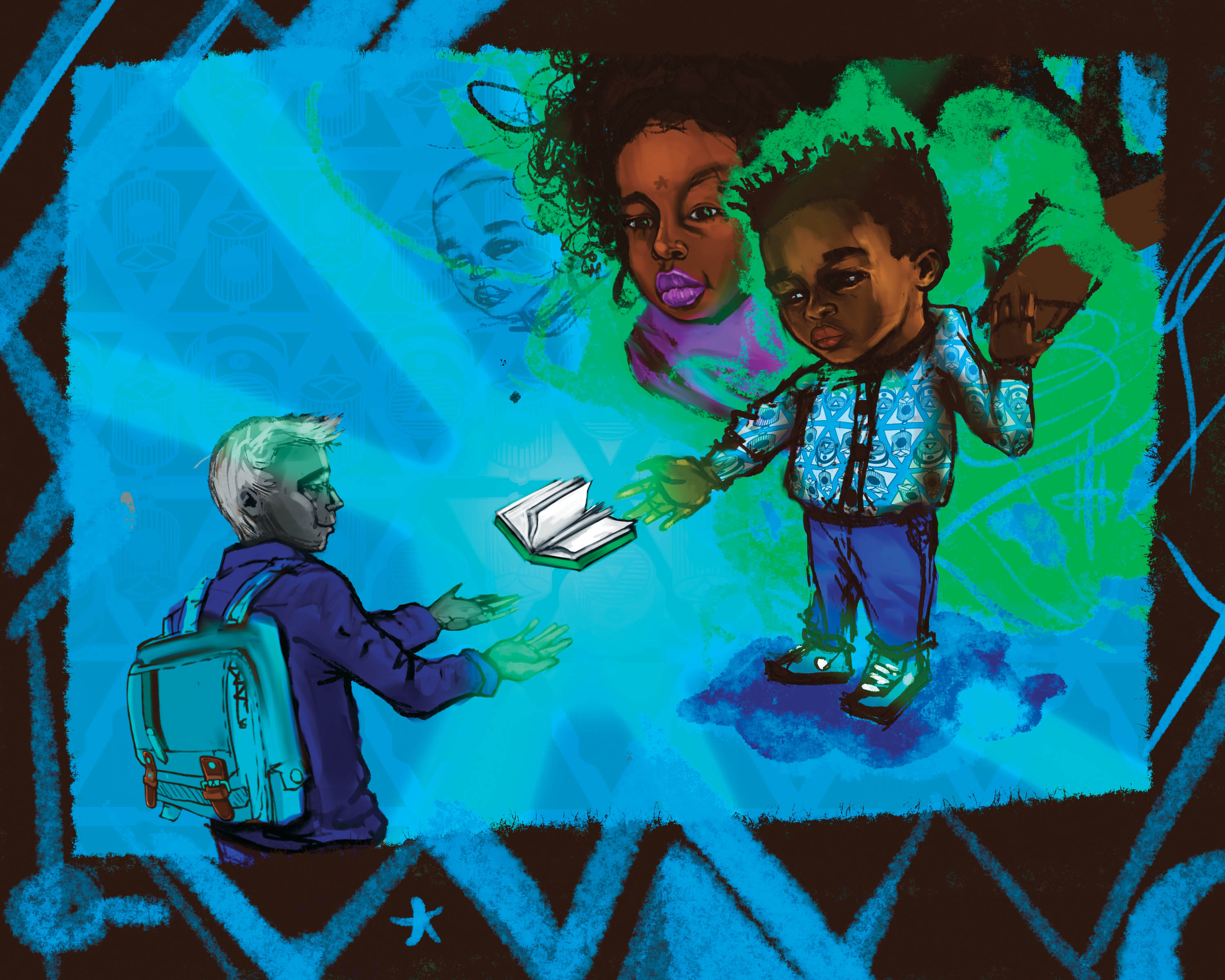 Illustration de deux élèves noirs et d’un enseignant noir.
