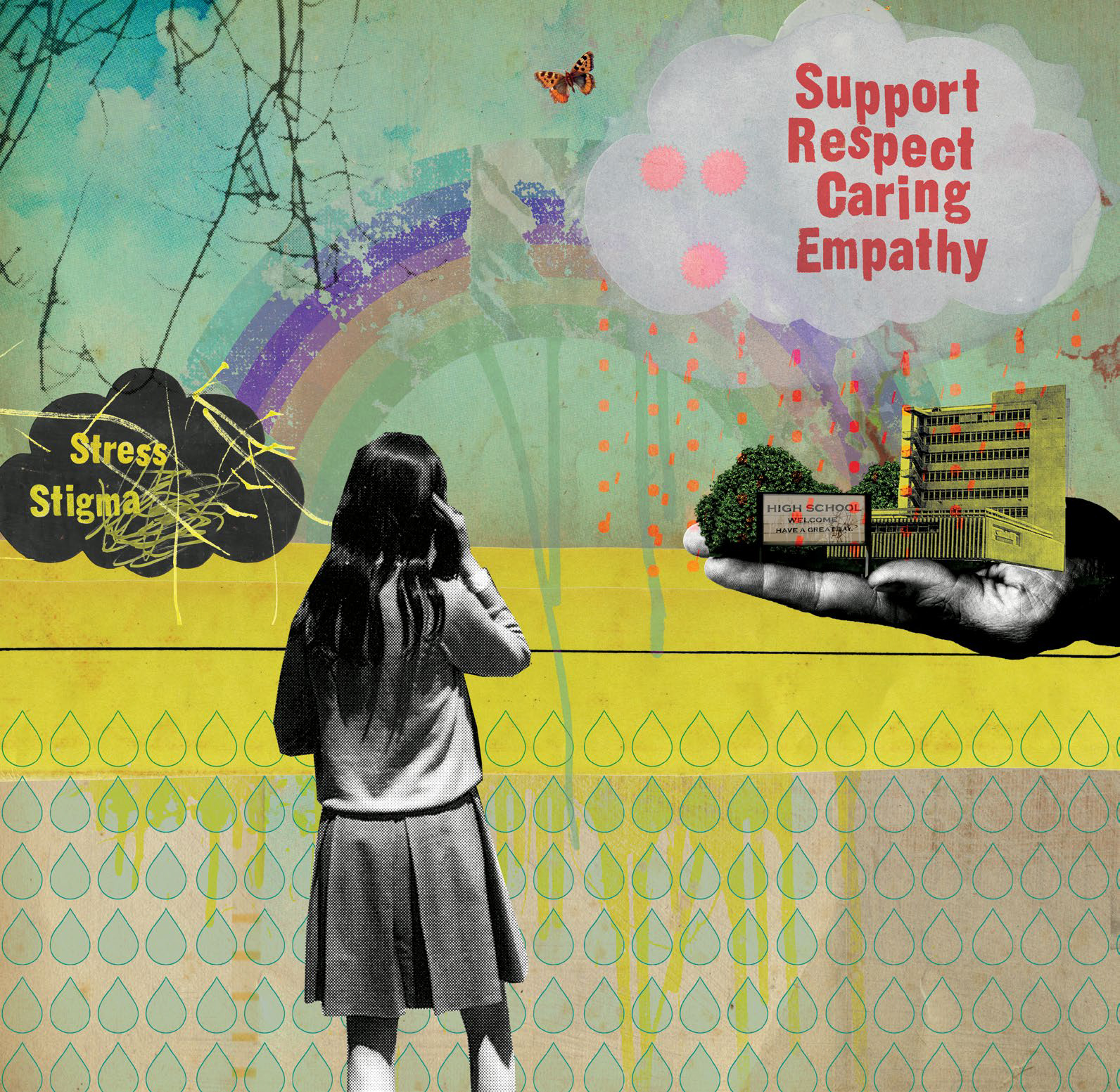 An illustrated image of a student standing infront of a rainbow. The student is facing the rainbow and scratching their head. At the left side of the rainbow it says 'Stress Stigma' while on the right side there is a photo of a hand holding a high school.