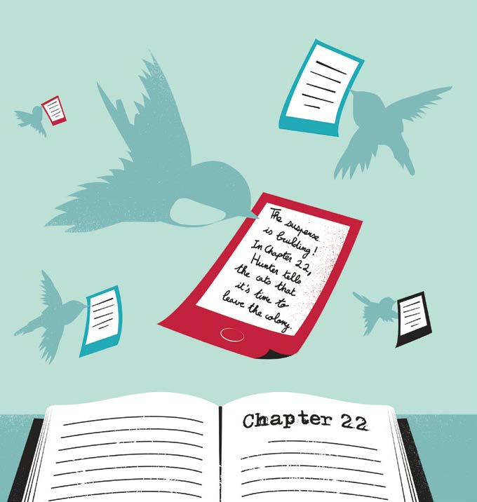 Illustrated image of birds flying above an open book. The birds are carrying paper notes.