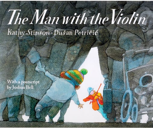 An image of the book cover for 'The Man with the Violin' The cover image is of a cartoon child reaching for a violin player.
