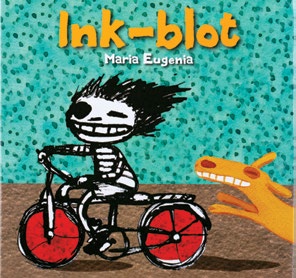 An image of the book cover for "Ink-blot" The cover image is of a cartoon skeleton riding a bike.