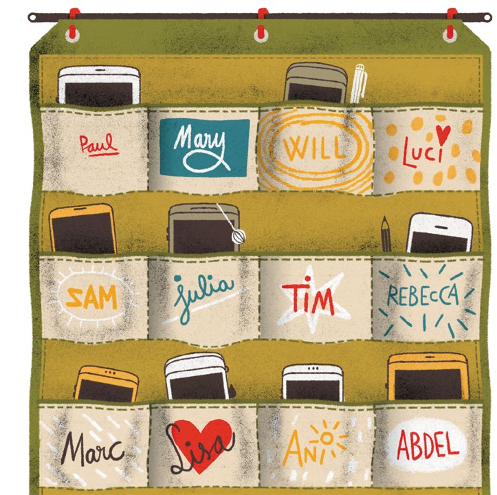 Illustrated image of a collection of storage pockets on a hanging sheet. Inside each of the pockets is a cellular phone. Each pocket has a name written on it.
