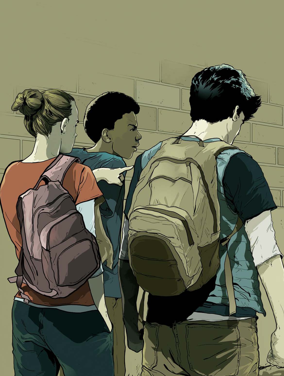 An illustrated image of three angry teenaged students. One of the students is pointing, one is scowling and one has a clenched fist.