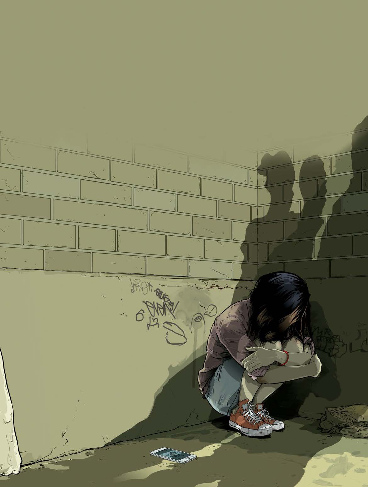 Illustrated image of a child huddled against a corner wall. In the foreground is a clenched fist. There are three shadows projecting over the child and onto the wall. There is a smashed phone, backpack and empty lunch container on the floor.