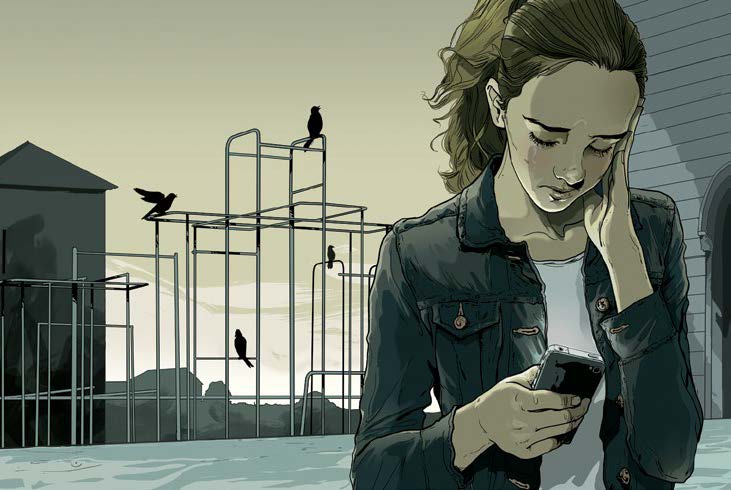 Illustrated image of a teenager looking at a phone. The teenager appears distressed and has a hand on their forehead. In the background there are playground climbing bars with crows perched on them. Below the image are the words, "Cyberbullying."