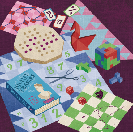 An illustrated image of board games, card games and brain teasers.