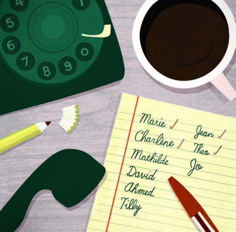 An illustrated checklist. On the checklist are nine names. Four of the names have checkmarks next to them.