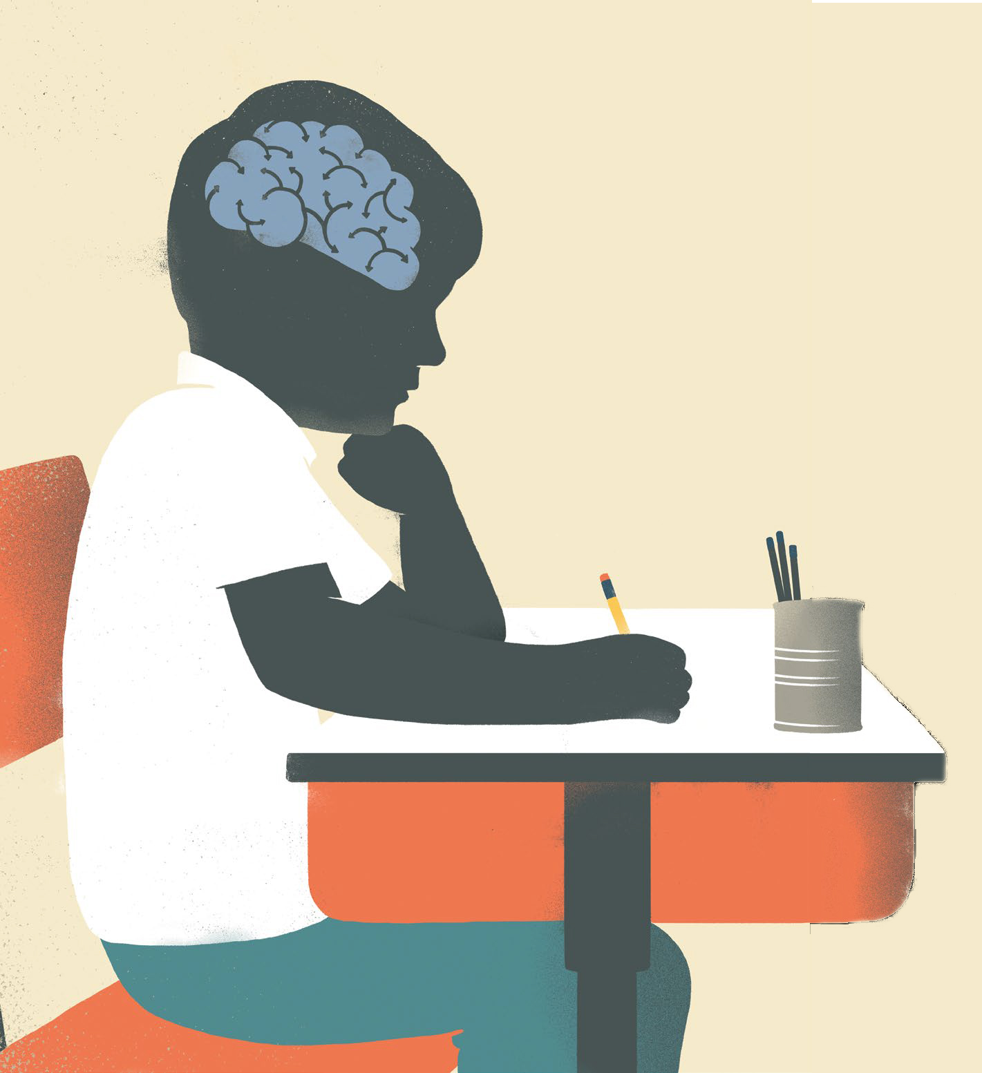 An illustration of a child at a desk. The child is sitting with head rested on fist and an illustration of a brain is overlaid on the child's head.