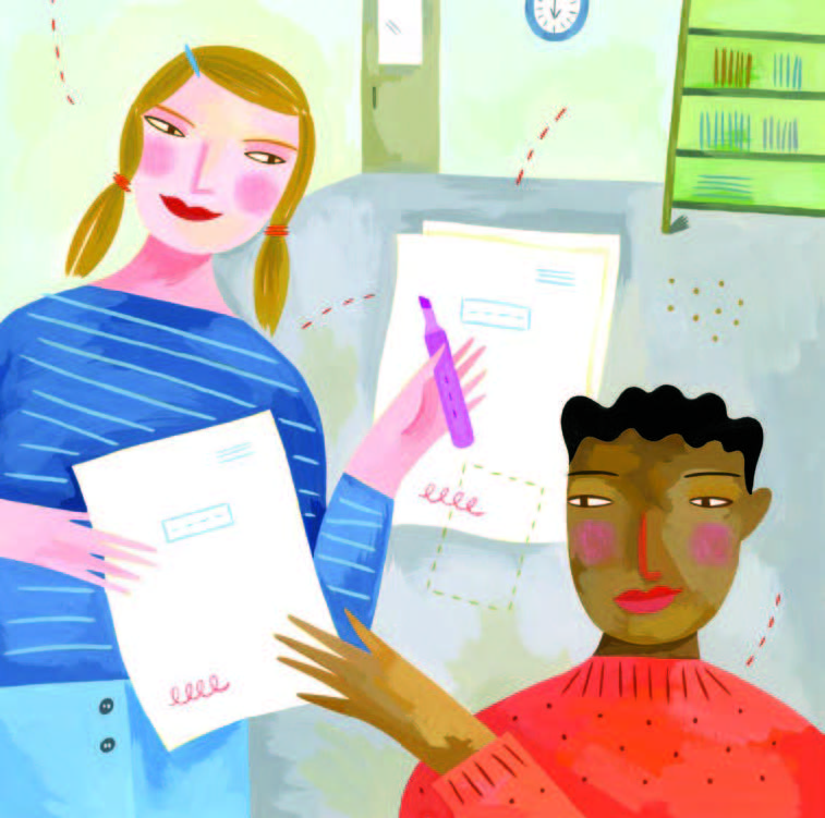 An illustrated image of a teacher marking a student's paper. The student is handing the teacher a paper.