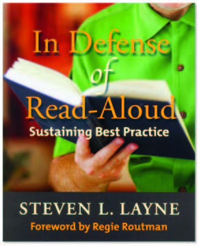 An image of the book cover for 'In Defense of Read-Aloud: Sustaining Best Practice.' The cover image is of a student holding a book.