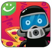 Application icon for "Pizza Party" app. The icon is a silhouette of a grimacing cartoon.