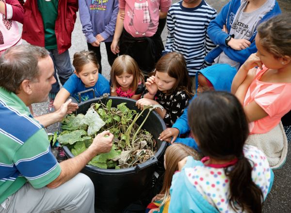 Photo of a group of young students gathered around a bin filled with plants. There is a teacher kneeling beside the bin holding some of the plants. The students are looking at the bin.
