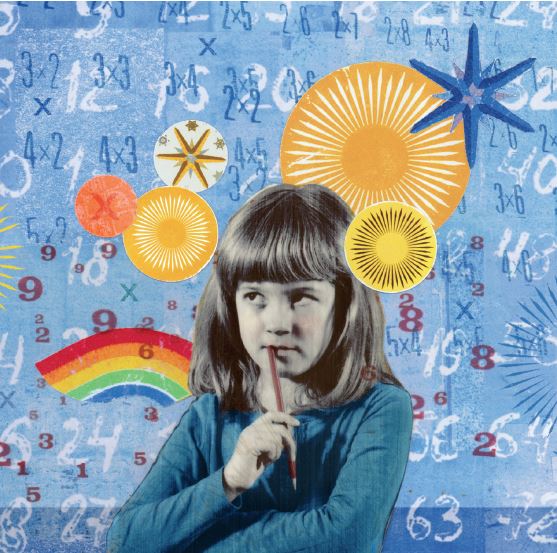 An illustrated image of a child holding a pencil and looking pensive. The child is surrounded by math equations.
