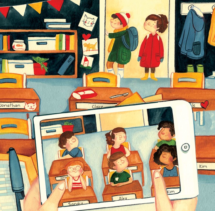 An illustrated image of a class of students. A teacher is taking a photo of the students, using a tablet.