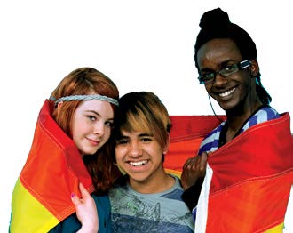 Photo of three students draped in a rainbow flag.