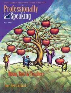 Cover photos of the first issue of “Professionally Speaking” and “<em>Pour parler profession</em></em>” The cover is an illustration of people reaching for apples in a tree.